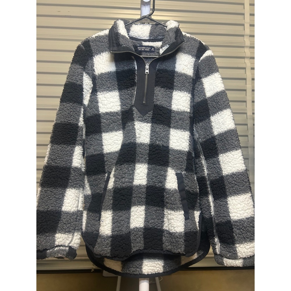 Abercrombie & Fitch Sherpa Pullover Women M Black White Plaid Quarter-Zip Fleece